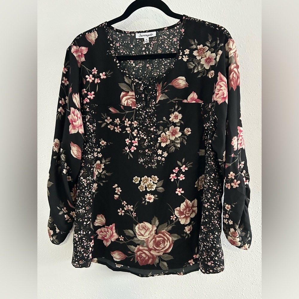 Serengeti Black Floral V-Neck Blouse with Pink & Cream Roses Size 1X